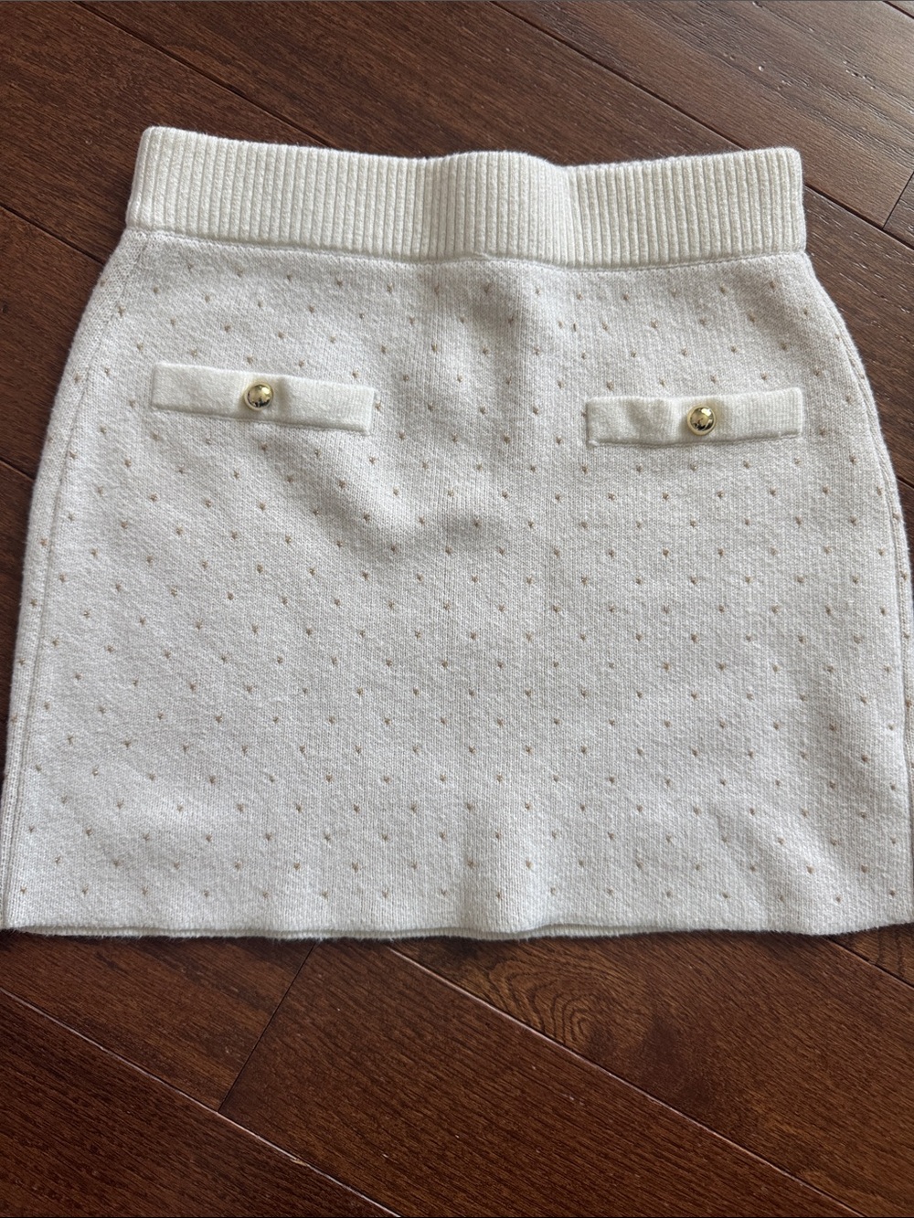 Cream Textured Knit Mini Skirt with Gold Buttons